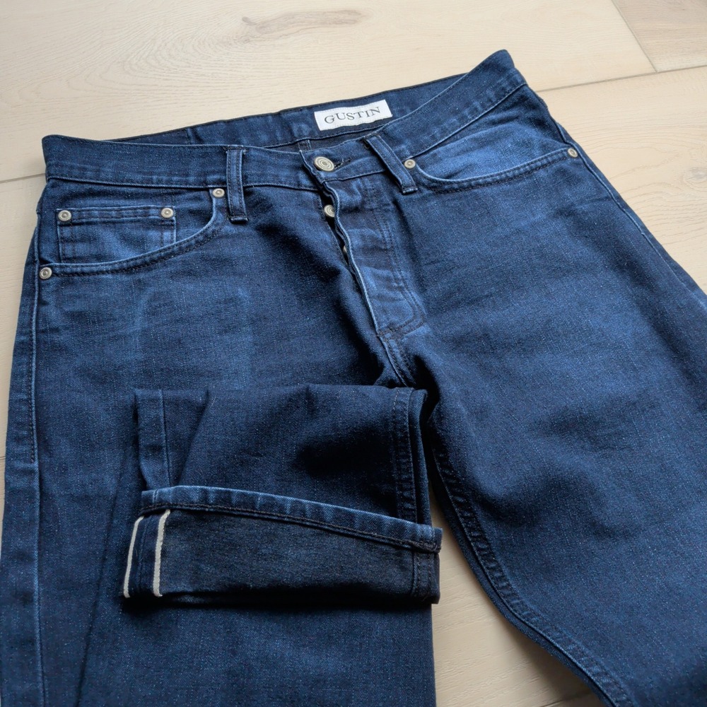 Gustin Slim Fit Raw Selvedge Denim Jeans Mens 33 (31x33) Dark Indigo Made in USA